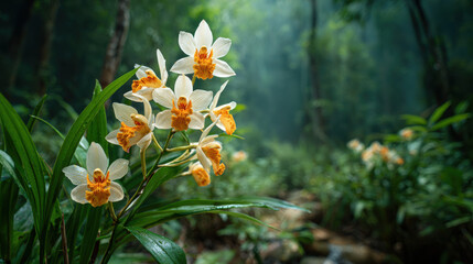 Beautiful white and orange orchids blooming in a lush green forest setting. These delicate orchids thrive in a serene forest environment, showcasing their vibrant colors and intricate details © Vasyl