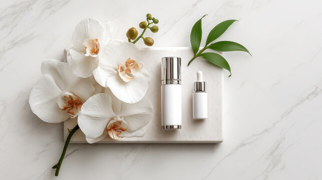 Elegant skincare product arrangement with white orchids on marble. This image showcases a sophisticated skincare product display with fresh orchids and green leaves