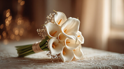 Elegant calla lily bridal bouquet on a lace tablecloth. This beautiful bouquet of calla lilies is perfect for weddings, celebrations, or special occasions