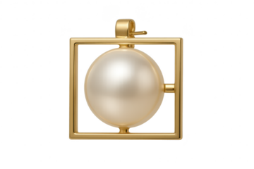 Elegant golden frame with pearl-like sphere, isolated on transparent background.