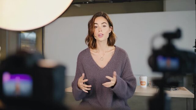 Medium shot of an influencer sharing detailed insights and first impressions about a novel product in a modern studio setting.