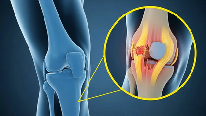 Close up view of a damaged knee joint with torn ligaments and inflammation highlighted in yellow circle