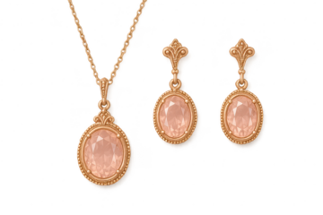 Gold necklace and earrings with pink gemstones, isolated on transparent background.