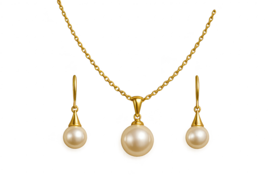Luxury gold pearl necklace and earrings, isolated on transparent background. - Powered by Adobe