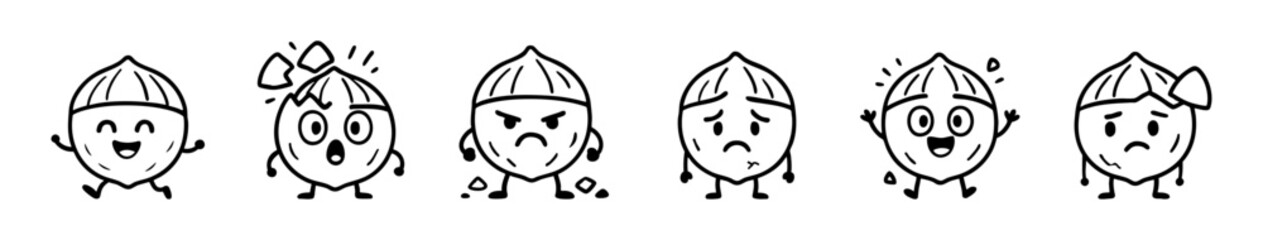 Nut Characters Expressing Various Emotions in a Row, Shown in a Hand-Drawn Style