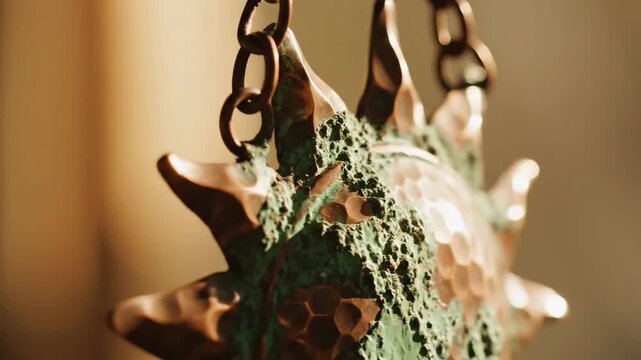 Close-up of a unique, textured metal object hanging from a chain, showcasing intricate details and a rustic aesthetic.