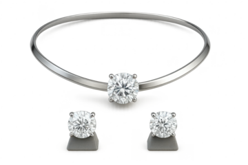 Elegant diamond necklace and stud earrings set, isolated on transparent.