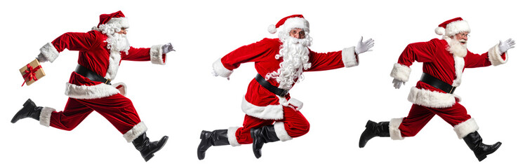 Fototapeta premium Santa claus running delivering christmas gift transparent background