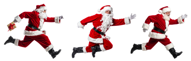 Santa claus running delivering christmas gift transparent background