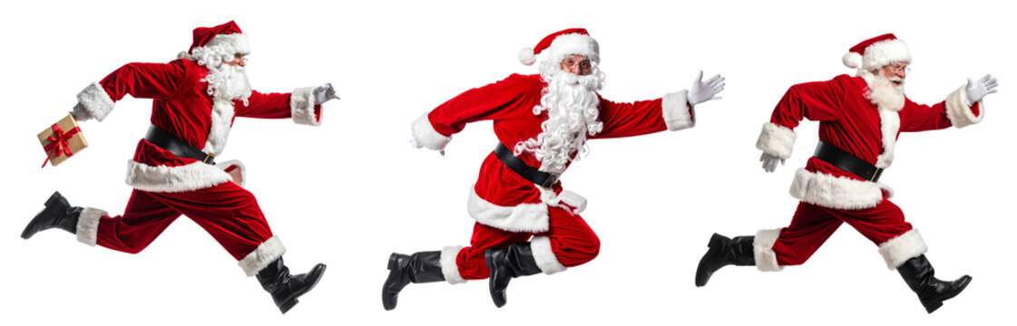 Santa claus running delivering christmas gift transparent background