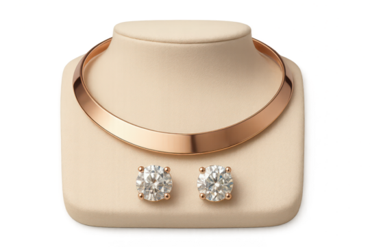 Elegant gold necklace and diamond earrings isolated on transparent background