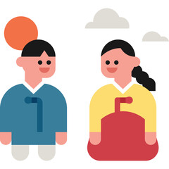 Two People Wearing Traditional Korean Hanbok Attire Smiling Under a Bright Orange Sun and Scattered Clouds Simple Flat Design Style