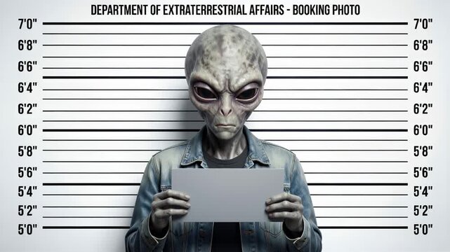 Extraterrestrial being in booking photo lineup holding identification placard. Static medium shot with height measurement scale background.