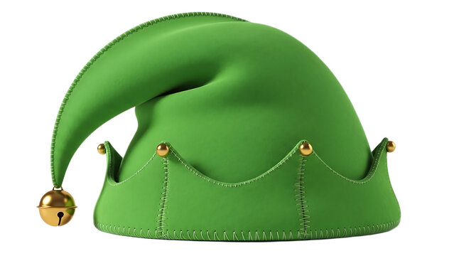 Close up of a green elf hat with a golden bell and trim against a black background in a studio shot