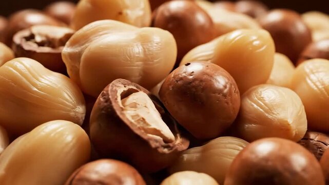 Closeup Macro Shot of Shelled and Unshelled Macadamia Nuts.