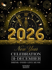 2026 new year party flyer with gold numbers and clock