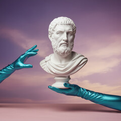 Classical Marble Bust Held by Metallic Gloves