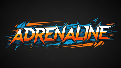 Adrenaline text art with orange and blue accents on a dark background in a stylized design format