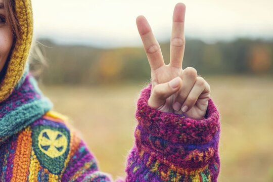 A person wears a colorful sweater and holds up two fingers in a peace sign.