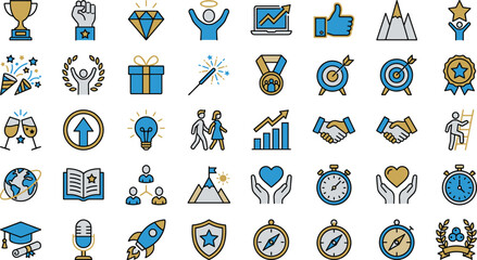 Achievement icons, success, motivation, progress, celebration, leadership, goal setting, minimal line style, flat vector, blue gold black