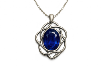 Elegant sapphire pendant with intricate silver design isolated on transparent