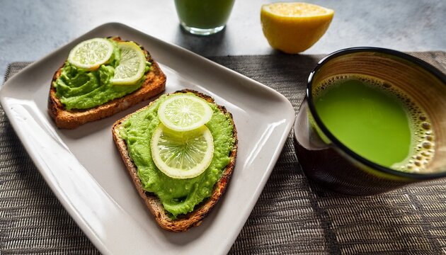delicious avocado toast with lemon and matcha latte for a healthy and vibrant breakfast or brunch a delightful and nutritious meal presented on a modern backdrop healthy food - Powered by Adobe
