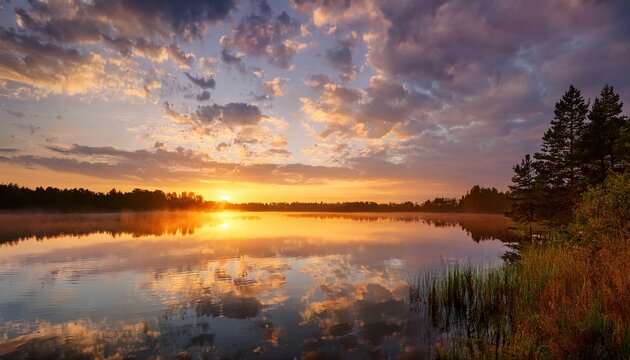 reflecting skies at dawn over a tranquil lake surface capturing the atmospheric essence of nature and serene ambiance as the sun begins to paint the clouds in golden hues perfect