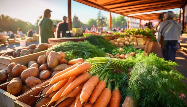 vibrant display of fresh carrots potatoes and dill at a farmers market showcasing organic produce and rustic wooden stands with shoppers browsing under sunlit canopies