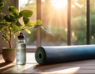 wellness retreat concept showcasing yoga mat water bottle and leafy plant in calming light perfect for depicting healthy lifestyle relaxation and mindfulness in a peaceful home