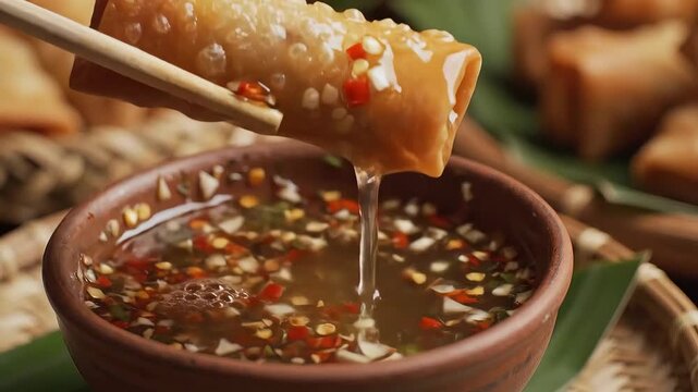 Crispy Spring Roll Dipped in Sweet Chili Sauce with Chopsticks.