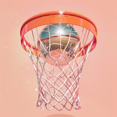 A dazzling basketball hoop featuring a sparkling disco ball, brilliantly reflecting light against a vibrant pink background, merging sports with a playful party vibe.