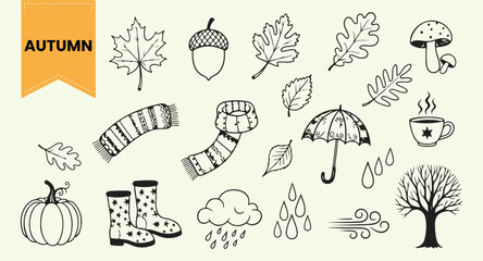 Hand Drawn Autumn Season Vector Set   Outline Icons of Fall Leaves, Pumpkin, Acorn, Umbrella, and Cozy Weather Elements for Seasonal Greeting and Creative Design © Mahatab Pixel
