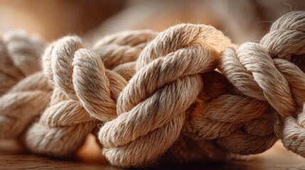 Close-up of a thick, textured rope with intricate knots and natural fibers. This detailed shot highlights the robust construction and tactile quality of the rope, perfect for nautical or craft themes