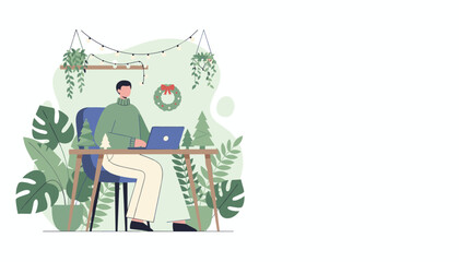 Man working remotely on a laptop in a cozy plantfilled home office decorated for Christmas
