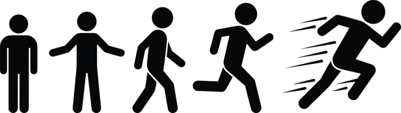 Human movement silhouettes, motion progression, running stages, physical activity, animation frames, minimal style, flat vector, black icons
