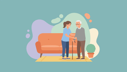 Professional caregiver assists senior man with cane at home Health support and elderly care illustration