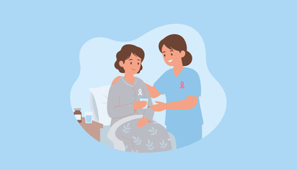 Compassionate nurse aiding female patient in bed symbolizing health support and cancer awareness
