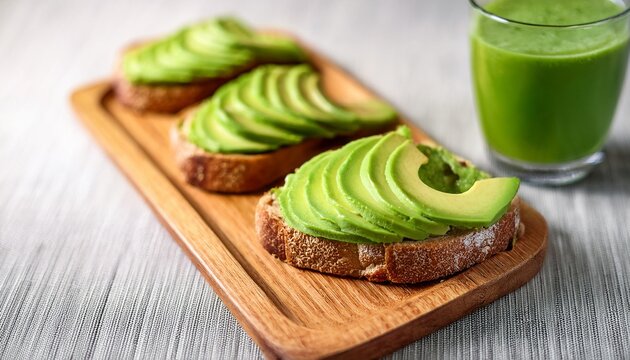 delicious avocado toast with fresh sliced avocados and vibrant green smoothie for a healthy breakfast or brunch appealing to health conscious individuals and food enthusiasts
