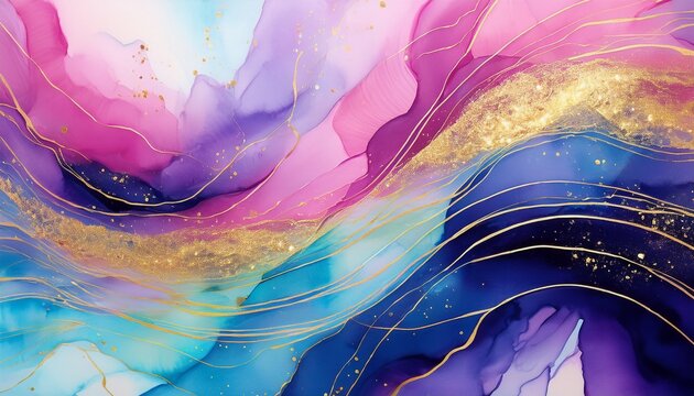 abstract colorful background with gold glitter and pink blue purple watercolor lines - Powered by Adobe