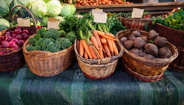 fresh and colorful harvest vegetables displayed in rustic baskets at a farm market showcasing healthy eating promoting local agriculture with carrots beets and lettuce - Powered by Adobe