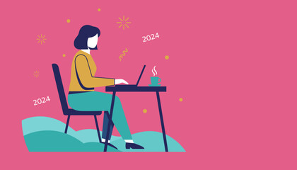 2024 business planning Woman working remotely on a laptop with celebratory elements