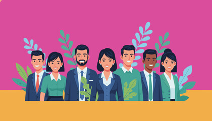 Smiling diverse business team standing together in professional attire modern vector illustration