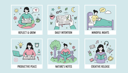 Six illustrations detailing daily mindfulness and selfcare routines journaling reflection reading and creative growth