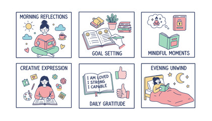 Daily selfcare routine vector set journaling mindfulness goal setting and reflection