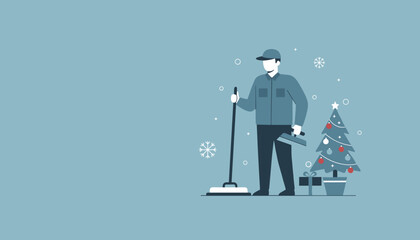 Service worker cleaning during winter holidays standing by a festive Christmas tree