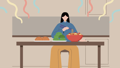 Woman eating noodles and dumplings at a festive table Asian holiday food illustration