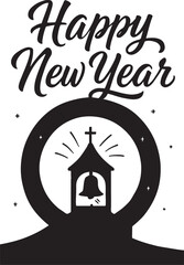Happy new year calligraphic text with church bell and cross design.