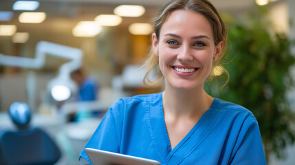 Satisfied dentist holding digital tablet at private clinic, modern healthcare tech, confident portrait, with copy space