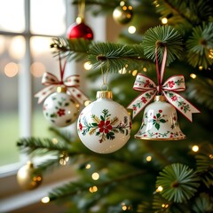 christmas tree decorations hanging on tree close up