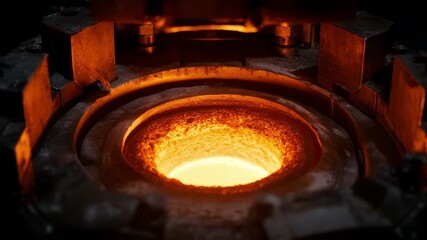 Medium shot of a variabletemperature electromagnetic induction furnace glowing as metal begins melting showcasing adjustable heat control for precise alloying processes.